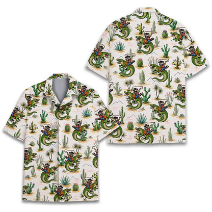 Desert raccoon rider hawaiian shirt on hanger, front view