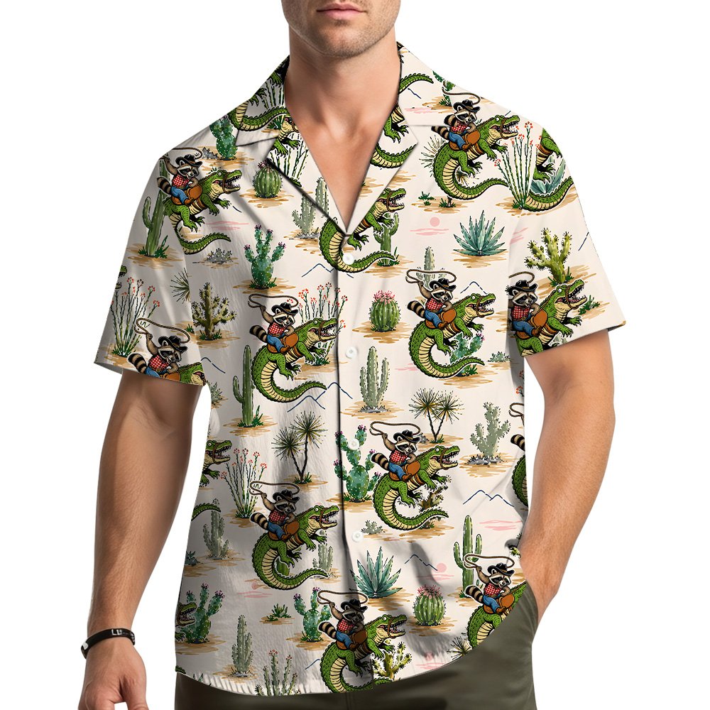 Lifestyle image showing the desert raccoon rider hawaiian shirt outdoors