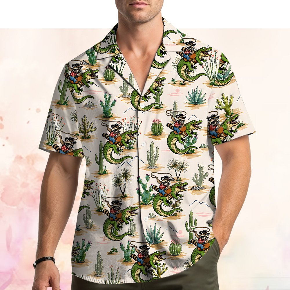 Person modeling the desert raccoon rider hawaiian shirt