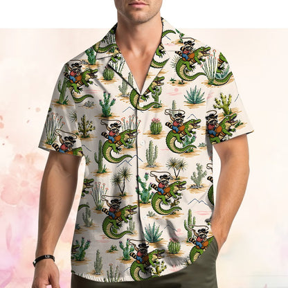 Person modeling the desert raccoon rider hawaiian shirt