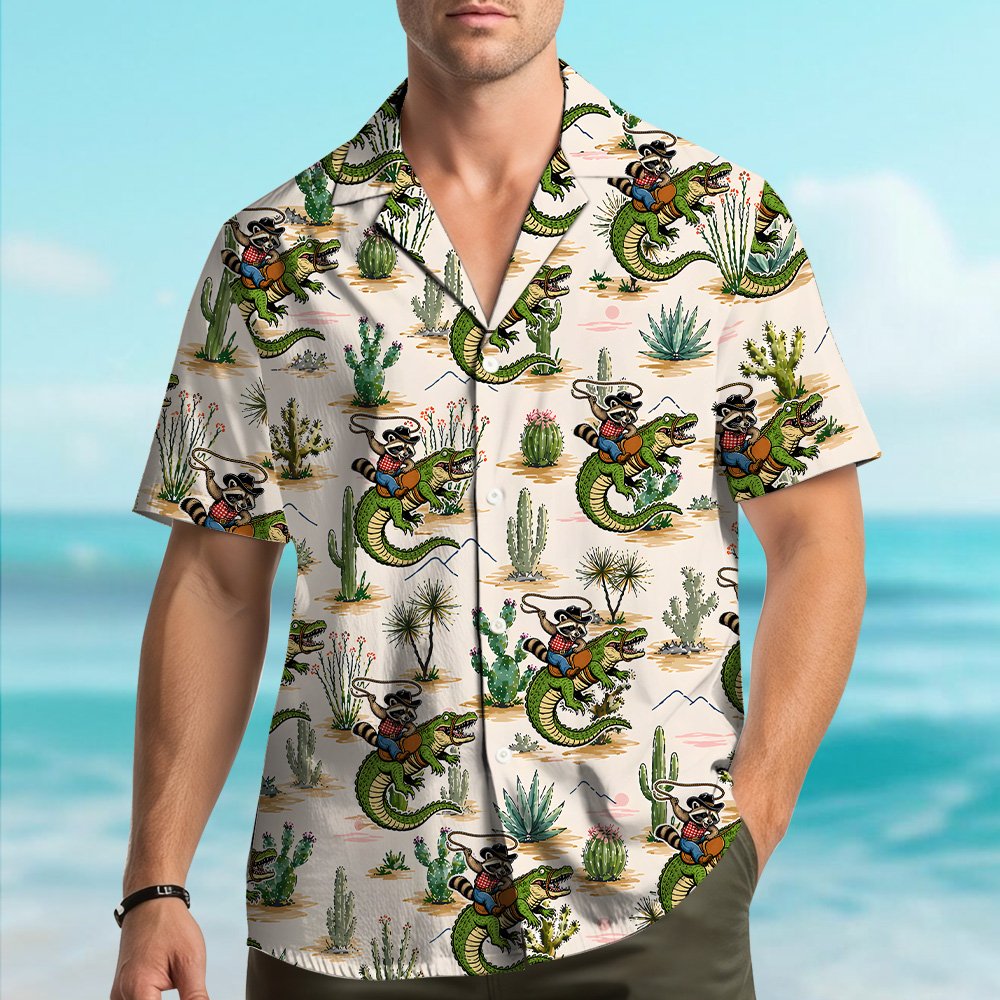 Lifestyle shot of a person wearing the desert raccoon rider hawaiian shirt
