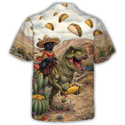 Back view of the beige desert hawaiian shirt with T-Rex and cat design