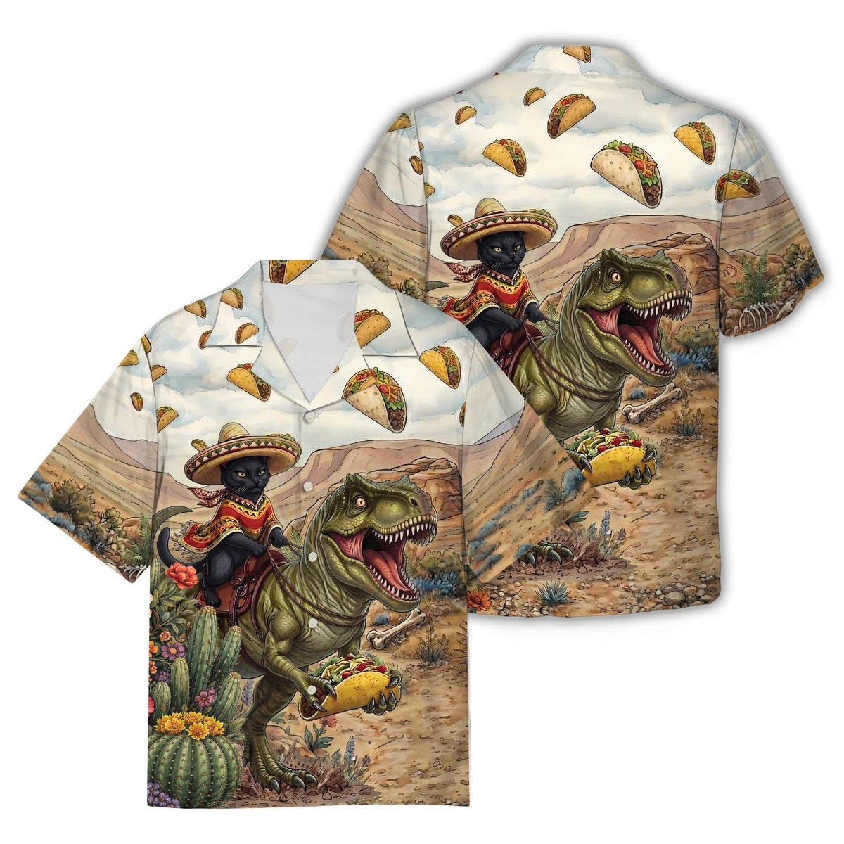 Detail view of the cat and T-Rex graphic on the beige desert hawaiian shirt