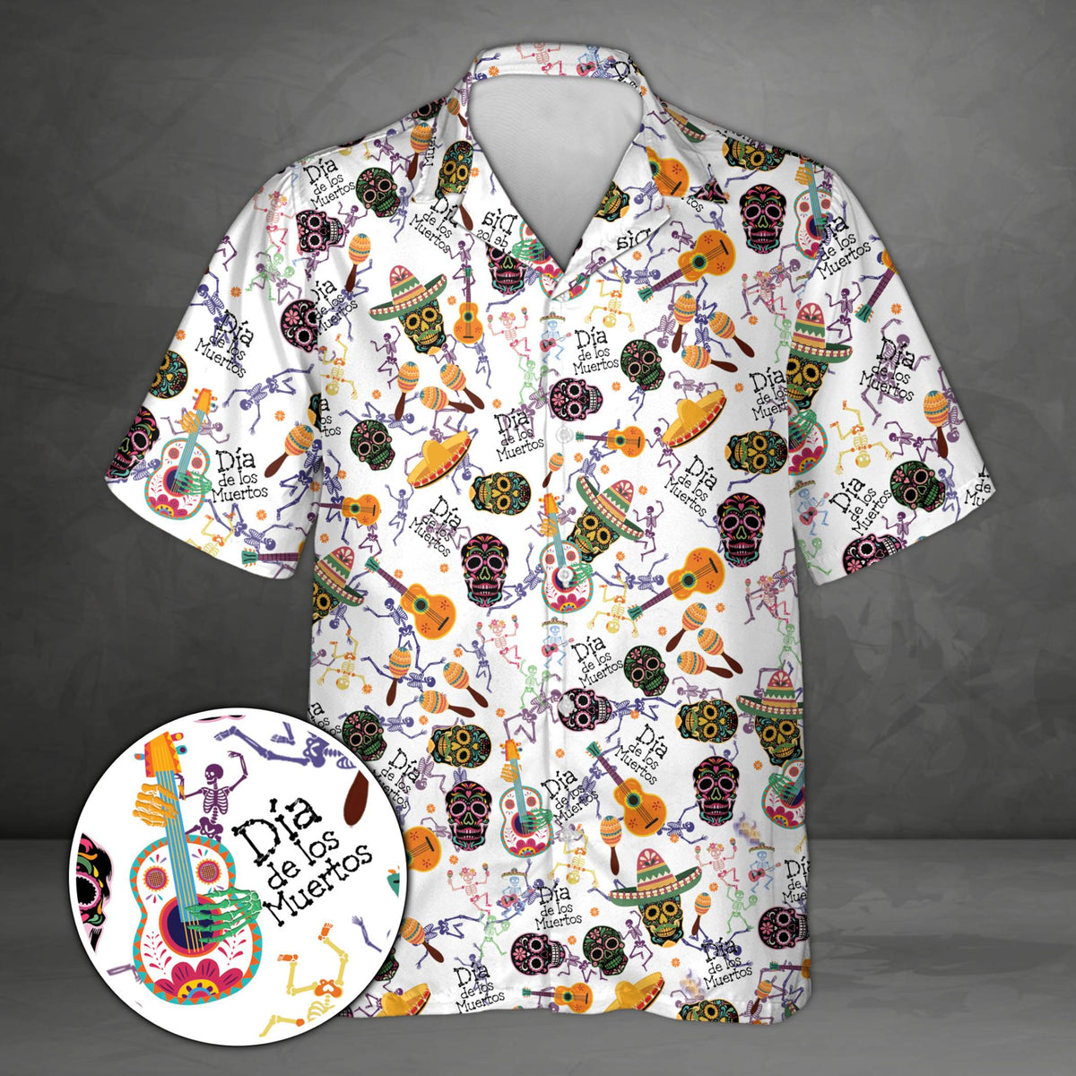 Black dia de los muertos hawaiian shirt with colorful sugar skulls and skeletons, front view
