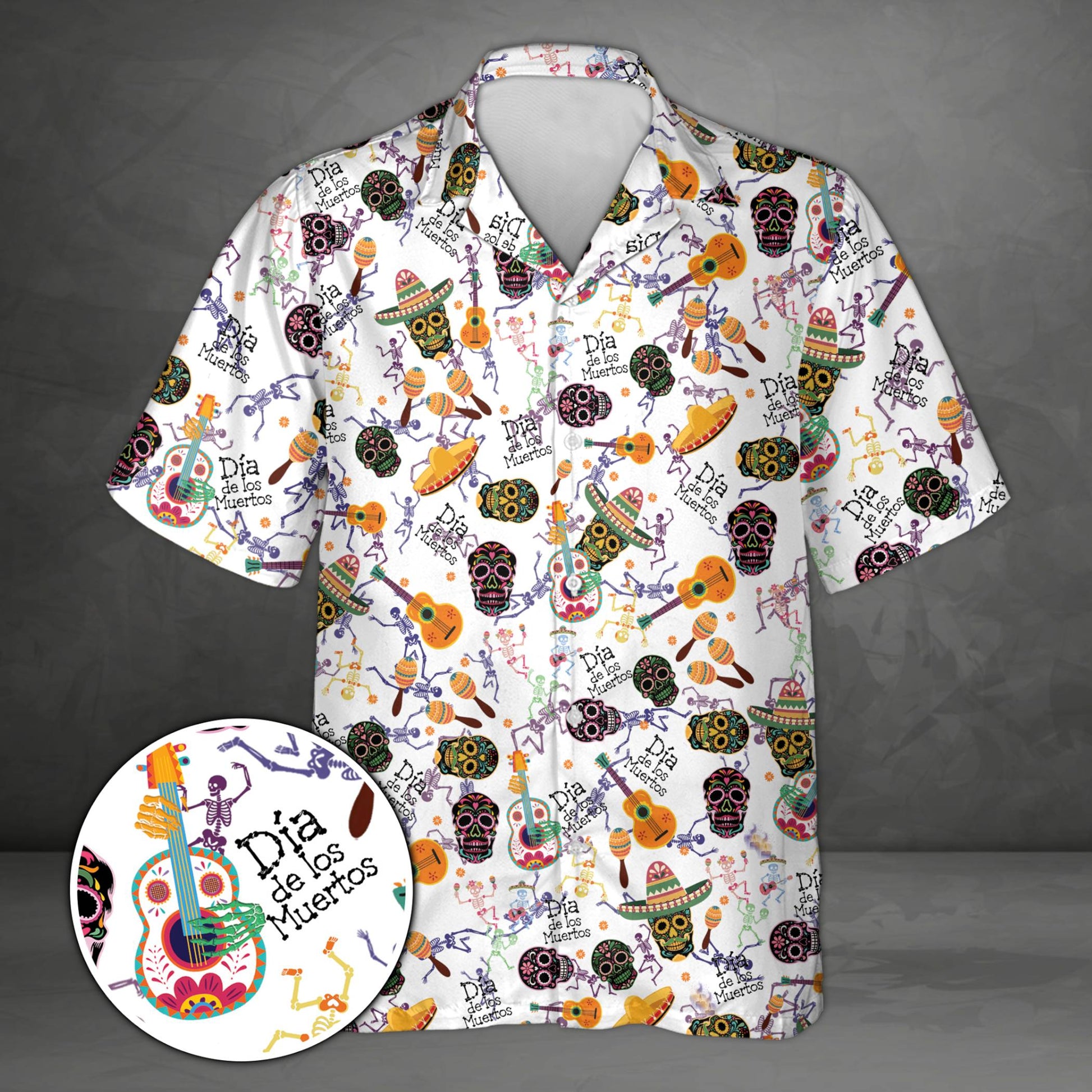 Black dia de los muertos hawaiian shirt with colorful sugar skulls and skeletons, front view