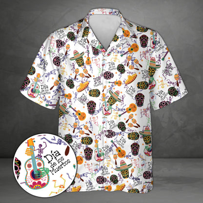 Black dia de los muertos hawaiian shirt with colorful sugar skulls and skeletons, front view