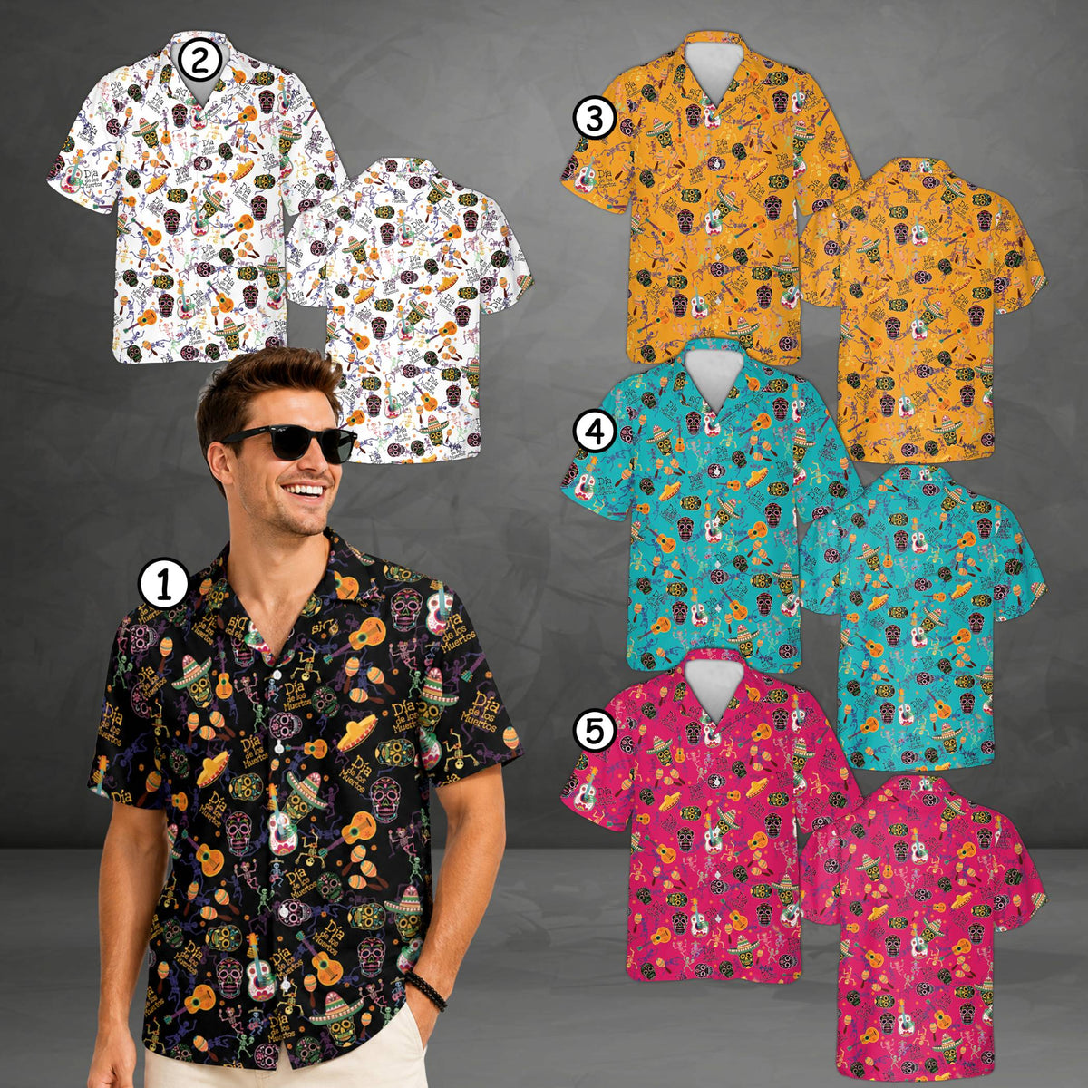 Matching family hawaiian shirts featuring vibrant dancing skeletons and guitars