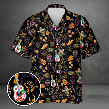 Alternative angle of the holiday hawaiian shirt with maracas and sombreros