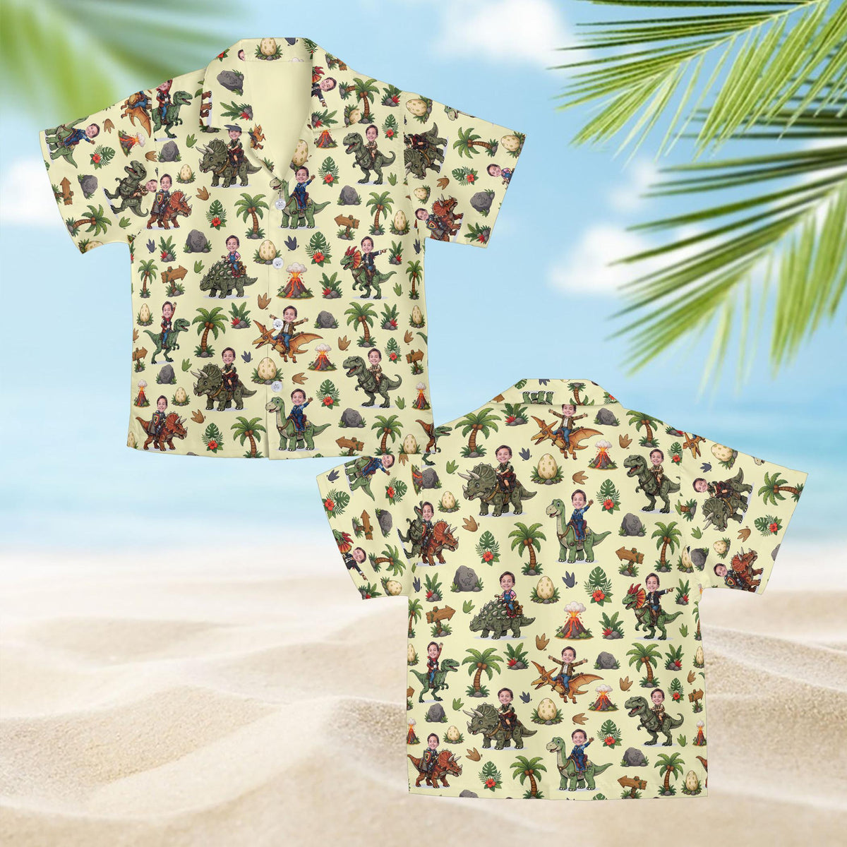 Beige matching family hawaiian shirts with dinosaur print