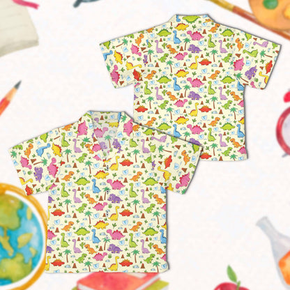 Beige matching family hawaiian shirt dinosaur pattern, front view