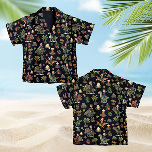 Dinosaur hawaiian shirt womens and kids styles with custom photo on black background