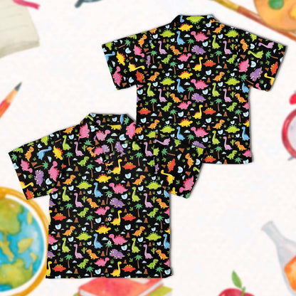 Black matching family hawaiian shirt with colorful dinosaur print, front view