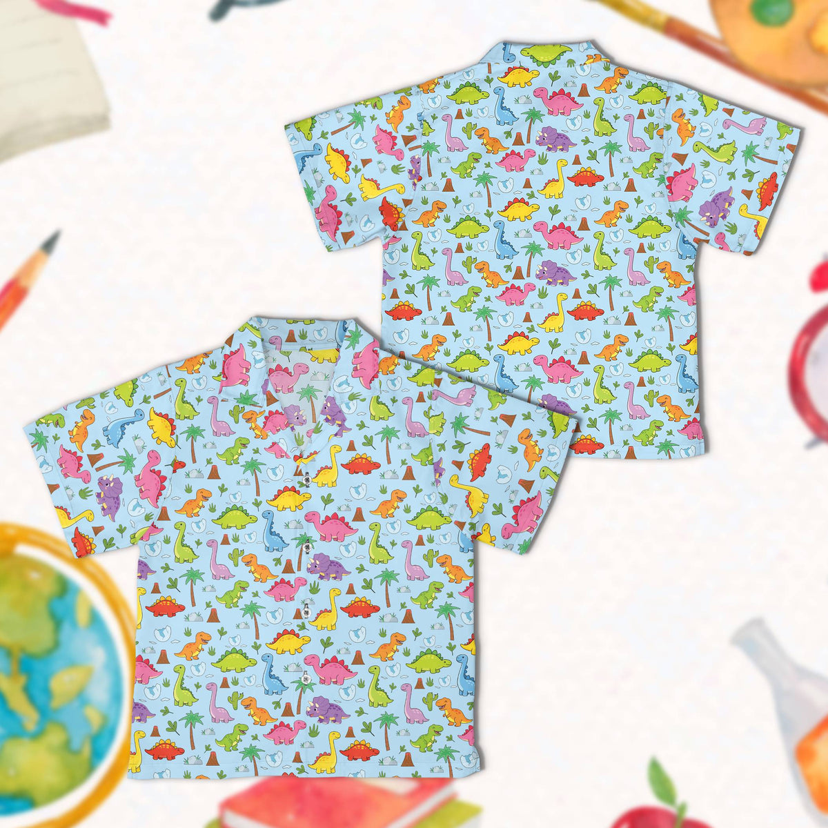 Blue matching family hawaiian shirt featuring dinosaur design, front view