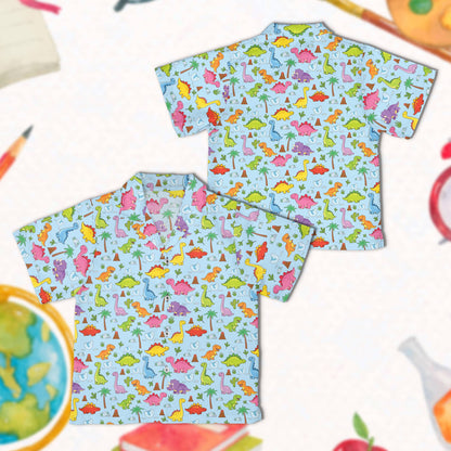 Blue matching family hawaiian shirt featuring dinosaur design, front view