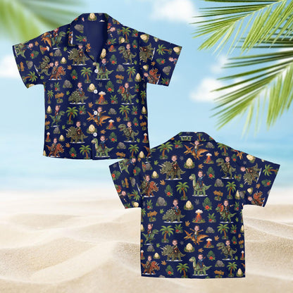 Blue dinosaur hawaiian shirt front view with custom photo