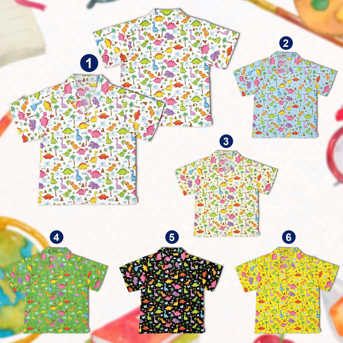 Dinosaur hawaiian shirt with colorful pattern, front view