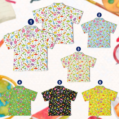 Dinosaur hawaiian shirt with colorful pattern, front view