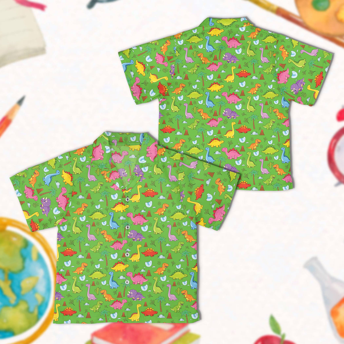 Green matching family hawaiian shirt with cartoon dinosaurs, front view