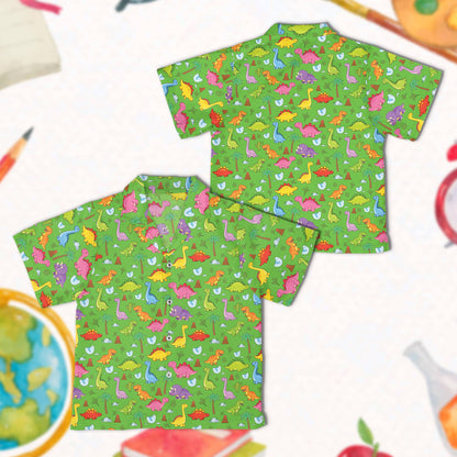 Green matching family hawaiian shirt with cartoon dinosaurs, front view