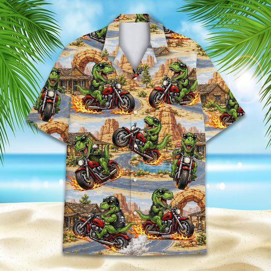 Dinosaur motorcycle hawaiian shirt flat lay main view