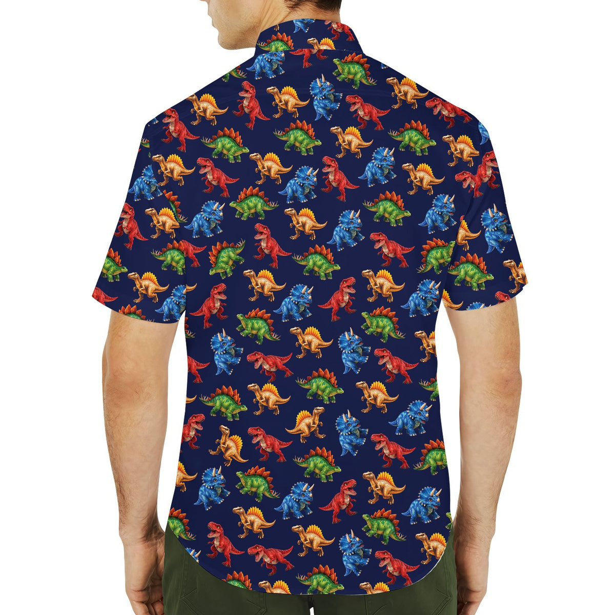 Additional back view of the colorful dinosaur hawaiian shirt