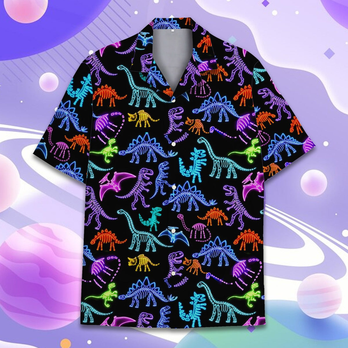 Front view of hawaiian dinosaur shirt