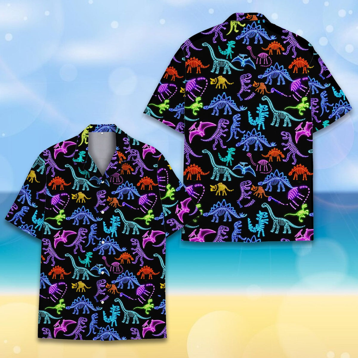 Detailed front view of black dinosaur hawaiian shirt
