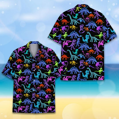 Detailed front view of black dinosaur hawaiian shirt