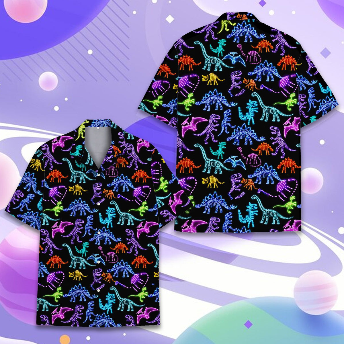 Close up front view of dinosaur print hawaiian shirt