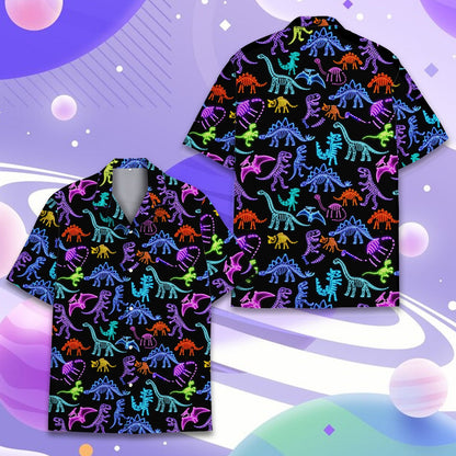 Close up front view of dinosaur print hawaiian shirt