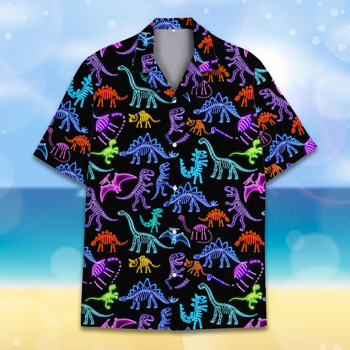 Another front view of neon dinosaur hawaiian shirt