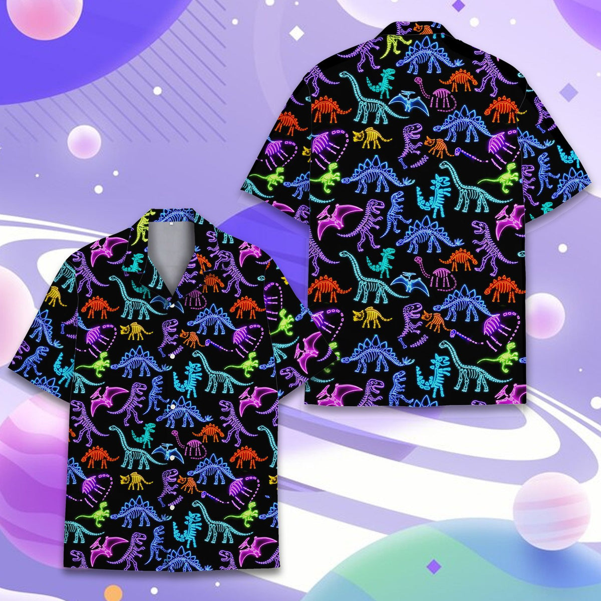 Matching family hawaiian shirts featuring neon dinosaur skeletons on black, main view