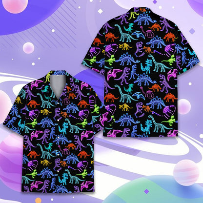 Front view of mens dinosaur hawaiian shirt in black with neon print