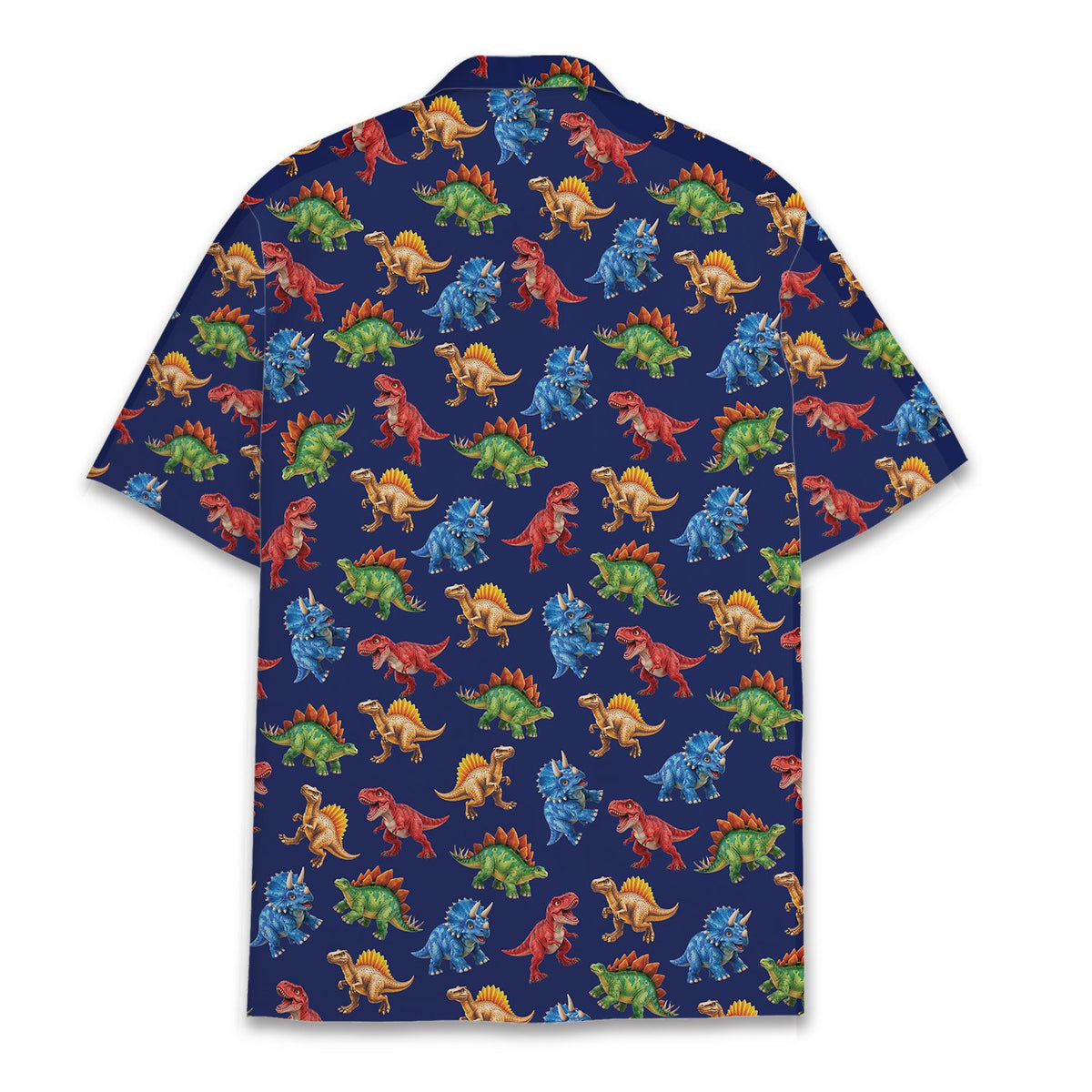 Back view of the navy dinosaur hawaiian shirt