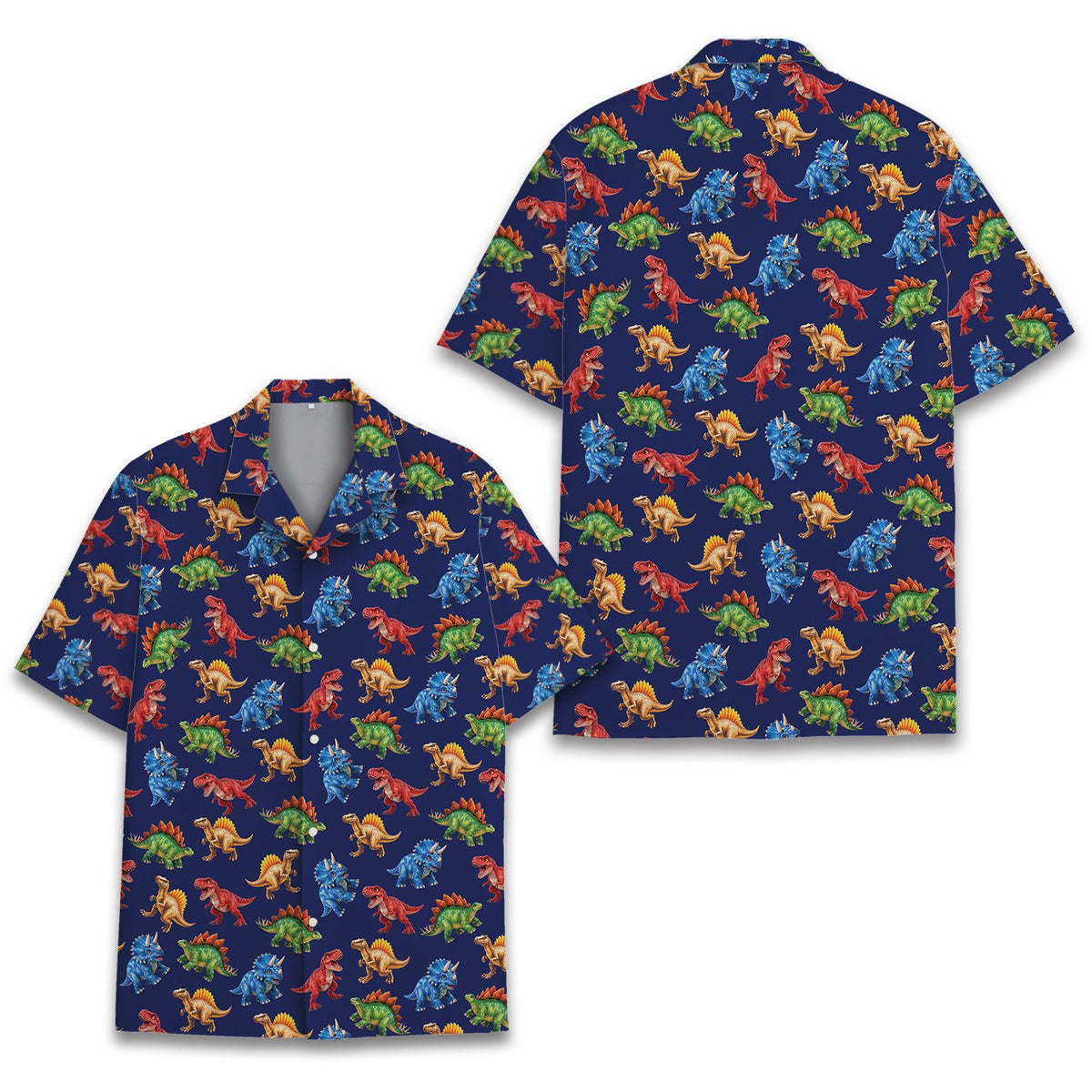Front flat lay view of the dinosaur hawaiian shirt in navy