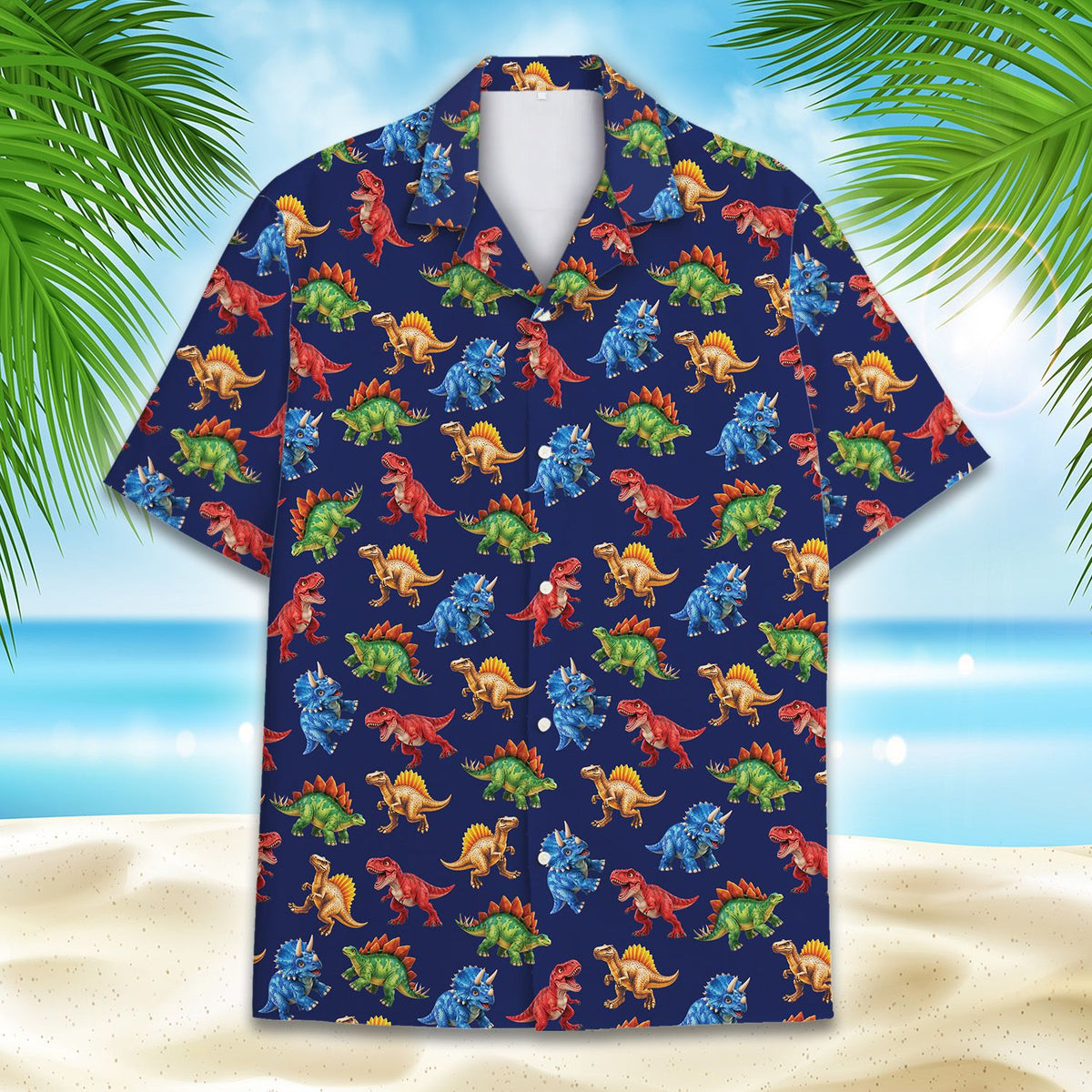 Close up front view of the abstract dinosaur hawaiian shirt