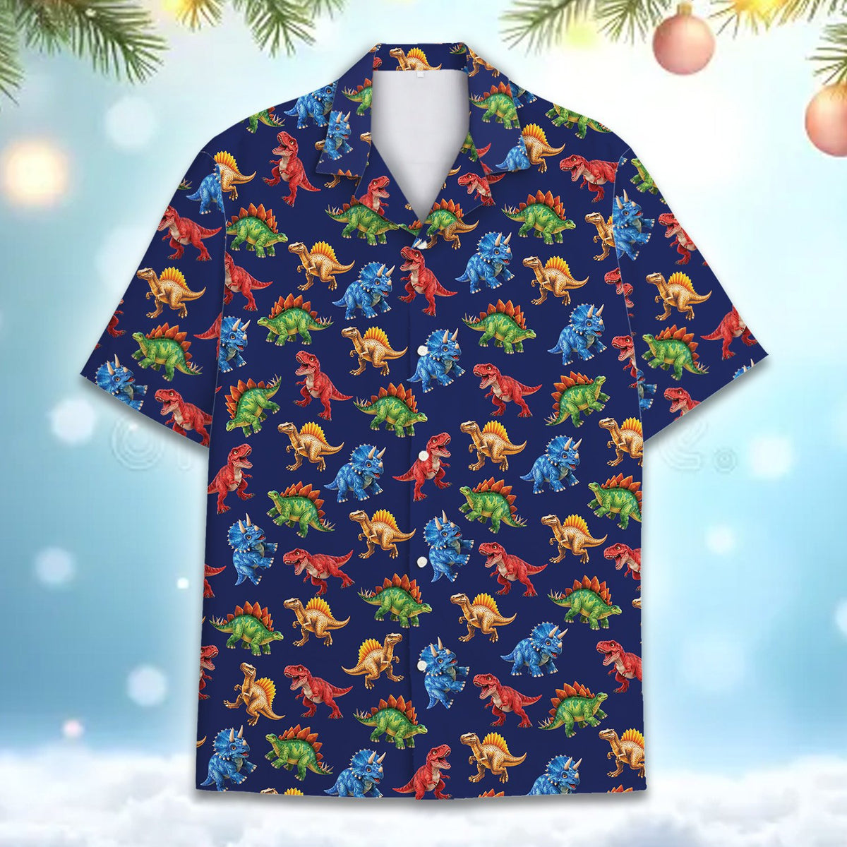 Dinosaur hawaiian shirt with colorful cartoon dinosaurs on a navy background, front view