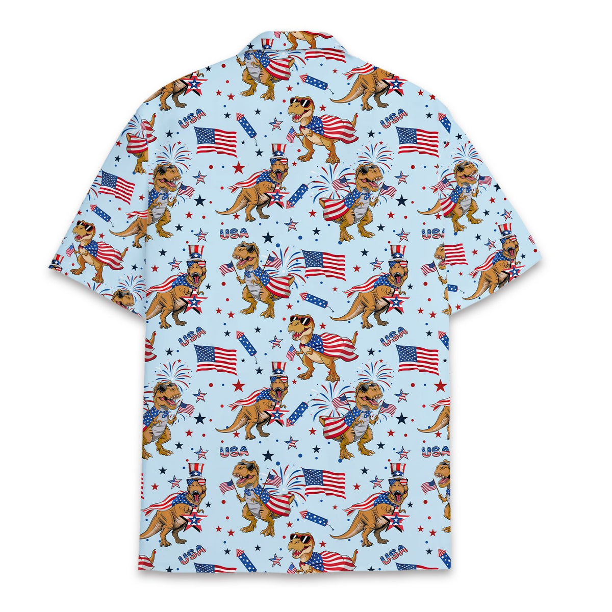 Back view of the matching family hawaiian shirts with patriotic dinosaur pattern