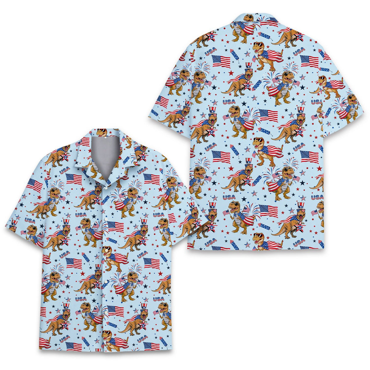 Front detail of the dinosaur patriotic hawaiian shirt in light blue