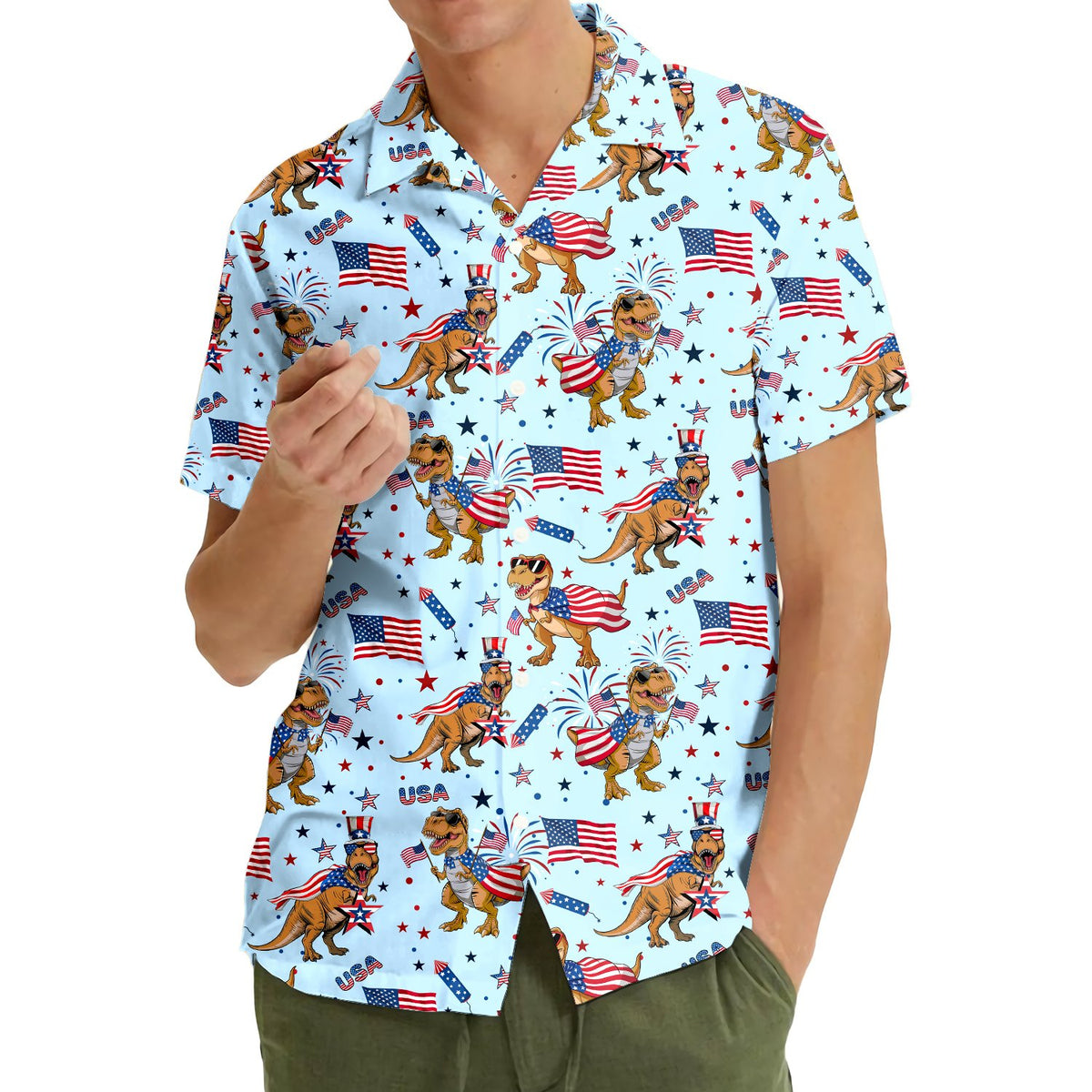 Person wearing the patriotic hawaiian shirt outdoors