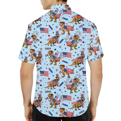 Close up lifestyle shot of the dinosaur patriotic hawaiian shirt