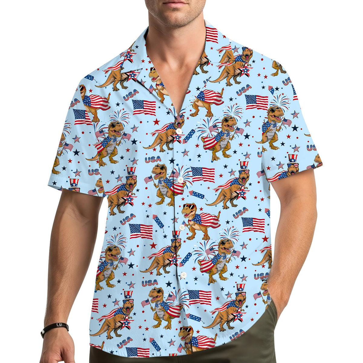 Lifestyle view of the dinosaur hawaiian shirt being worn