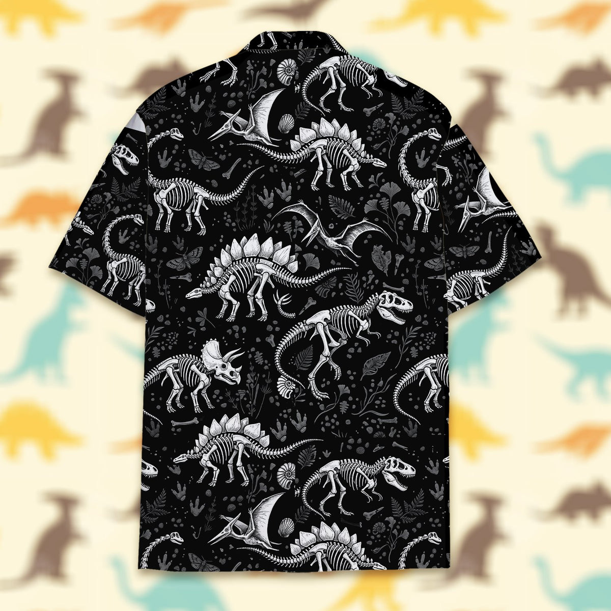 Alternative back view of the black dinosaur hawaiian shirt.