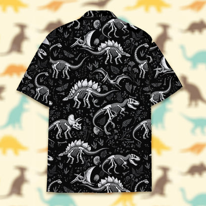 Alternative back view of the black dinosaur hawaiian shirt.