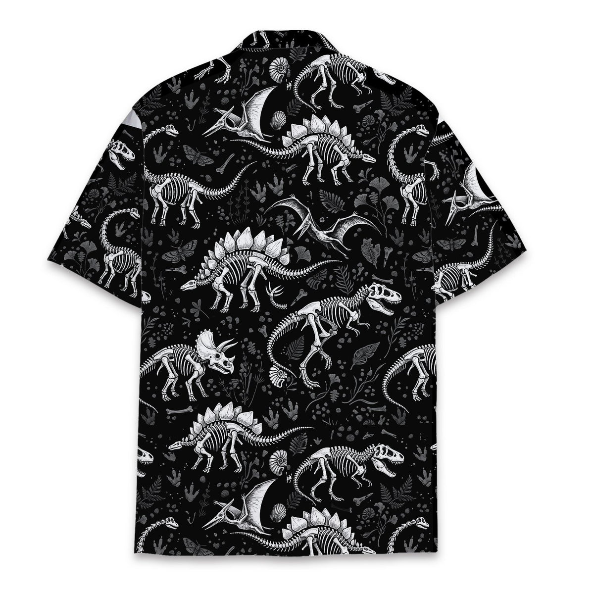 Back view of the dinosaur skeletons hawaiian shirt.