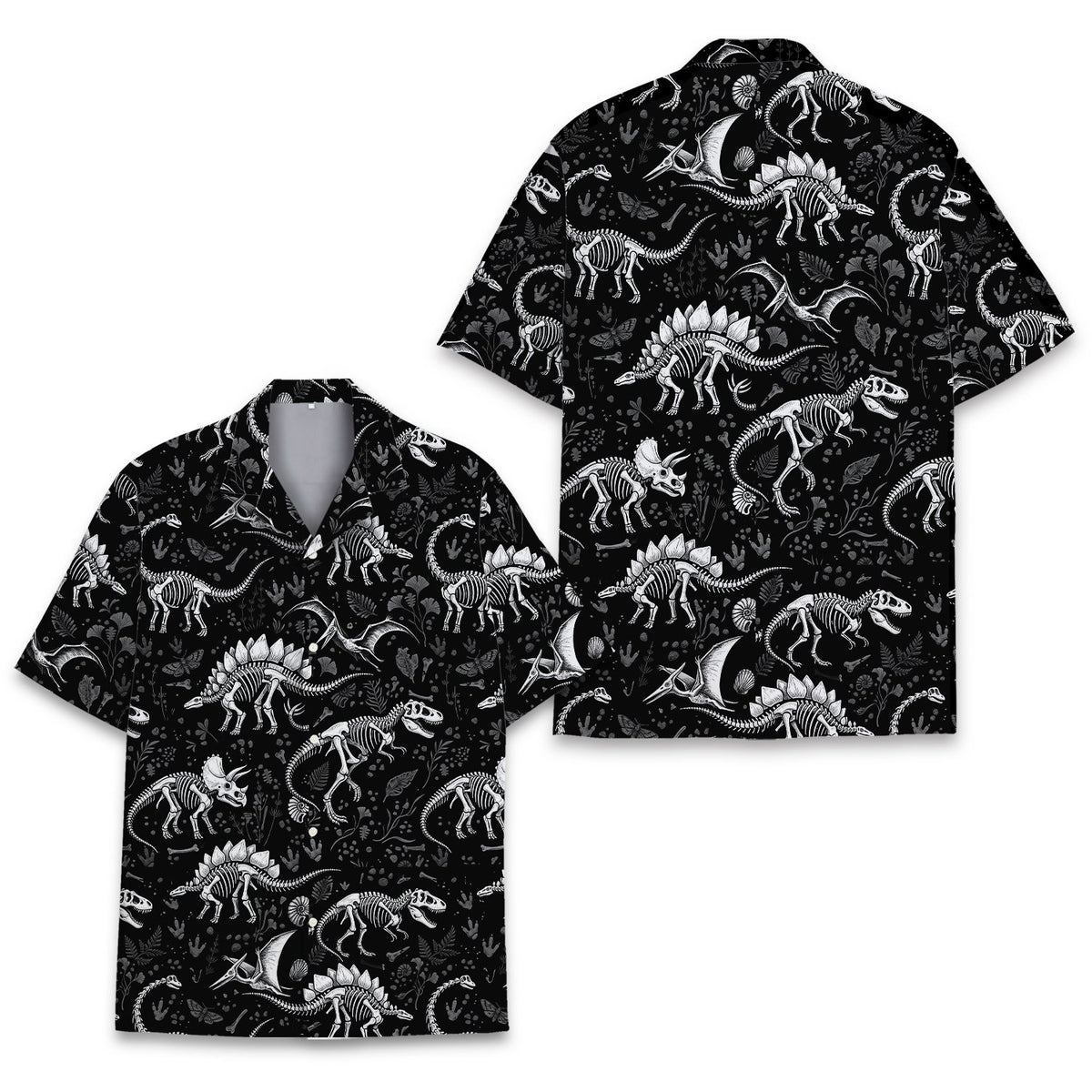 Detailed front angle of the black and white dinosaur shirt.