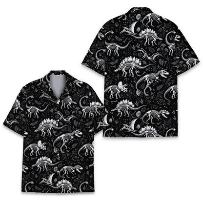 Detailed front angle of the black and white dinosaur shirt.