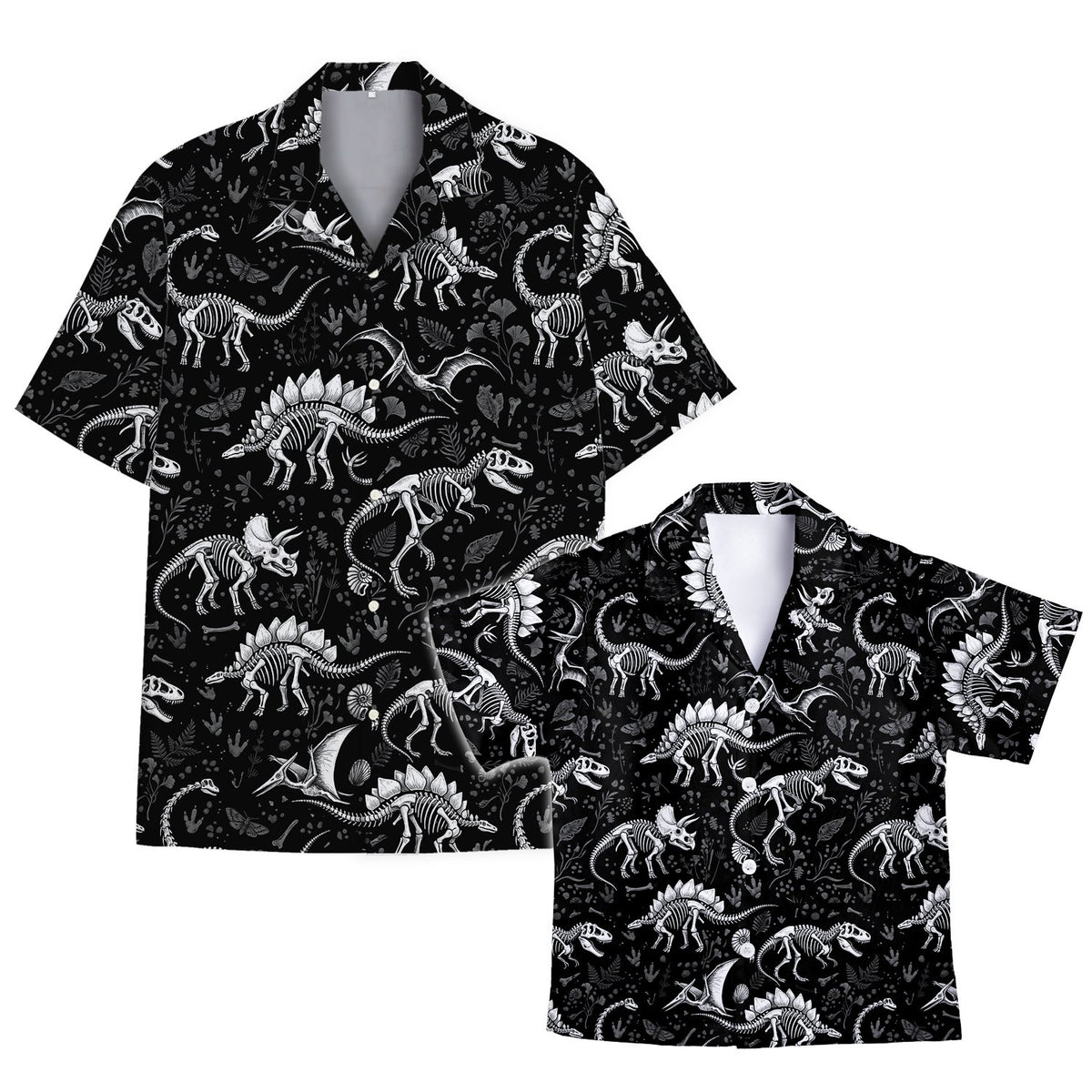 Main view of the black dinosaur skeletons hawaiian shirt.