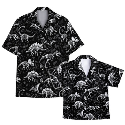 Front view of the black dinosaur hawaiian shirt.