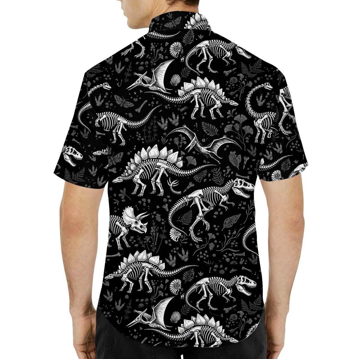 Third lifestyle shot of the dinosaur skeletons hawaiian shirt in action.